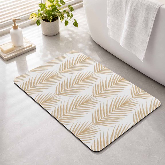 Beige Palm Leaves Non Slip Bathroom Mat, Summer Tropical Leaf Botanical Absorbent Bath Mat Rubber Backed Quick Dry Doormat Fit Under Door for Bathtub Shower Sink Kitchen 16"x24"
