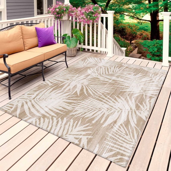 Beige Palm Leaves Outdoor Rug for Patio/Deck/Porch, Non-Slip Large Area Rug 5 x 8 Ft, Summer Tropical Botanical Coastal Indoor Outdoor Rugs Washable Area Rugs, Reversible Camping Rug Carpet Runner