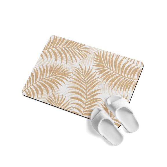 Beige Palm Leaves Soft Diatomaceous Earth Mat, Summer Botanical Tropical Plant Rustic Absorbent Bath Mat Non Slip Rubber Backed Quick Dry Doormat Fit Under Door for Bathroom Kitchen 16"x24"