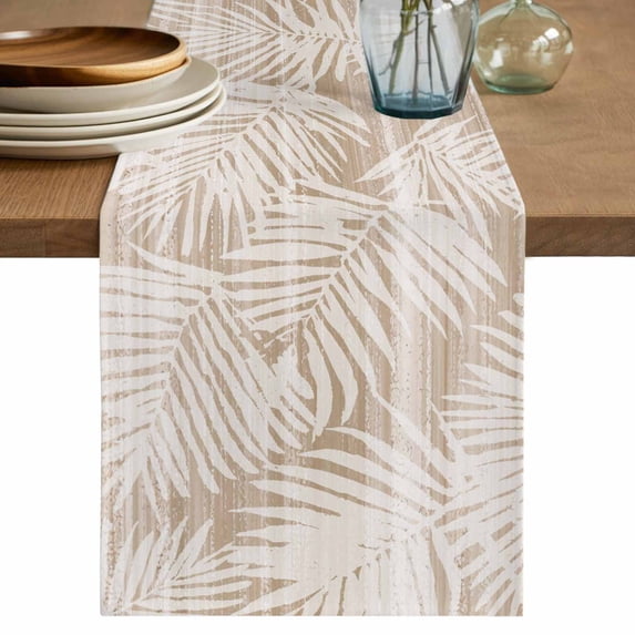 Beige Palm Leaves Table Runner 90 Inches, Summer Tropical Botanical Coastal Bed Runner Dresser Scarves Tabletop for Indoor Outdoor Parties/Ceremony/Banquet, 13" x 90"