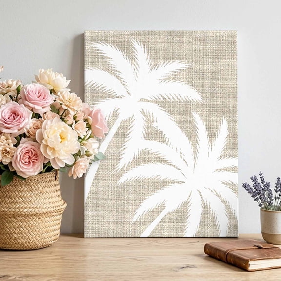 Beige Palm Tree Canvas Wall Art, Summer Tropical Beach Country Tree Leaf Linen Texture Pictures Wall Decor Wooden Framed Artwork Art Prints for Living Room Hallway Bedroom Office 8"x10"