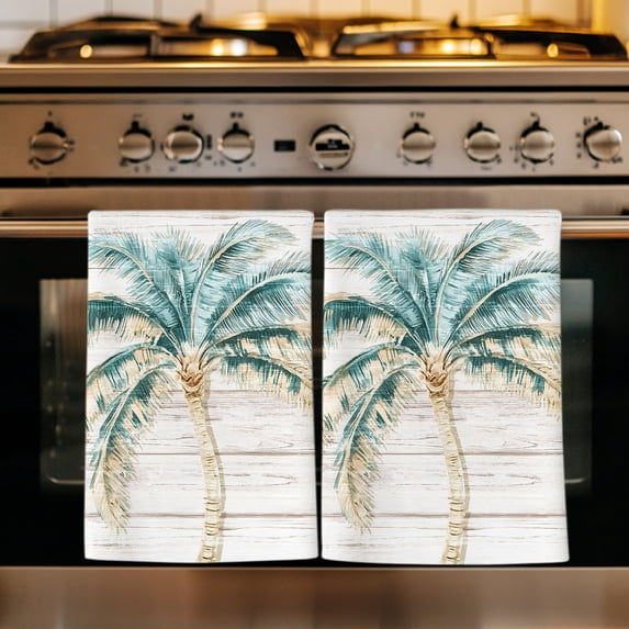 Beige Palm Trees Kitchen Towels Set of 3, Summer Tropical Coastal Wooden Absorbent Dish Towels for Kitchen, Microfiber Hand Towel, Quick Drying Tea Towel for Cleaning Decorative Dishcloths