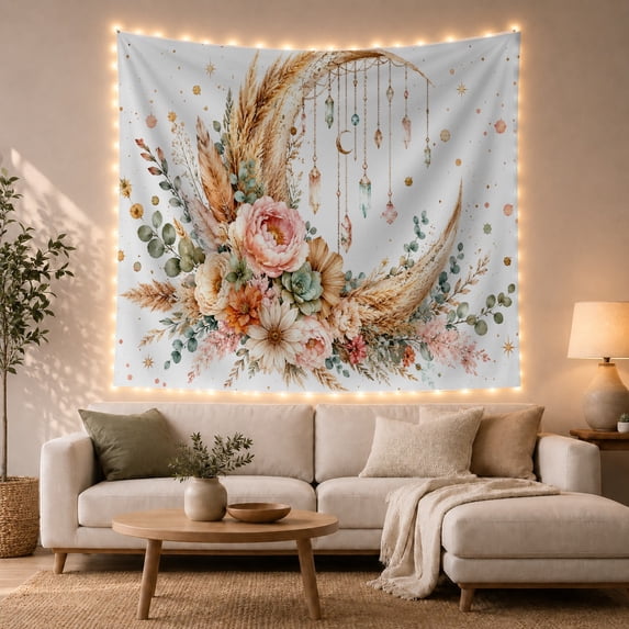 Beige Pampas Crescent Moon Among Pink Peonies, Dreamy Boho for Astronomy Fans, Floral Moon Art, Housewarming Gift, Tapestry Wall Hanging for Bedroom and Living Room