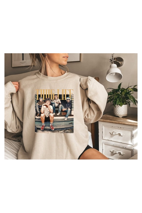 Beige Parody Porch Friends Graphic Sweatshirt with Gold 'THUG LIFE' Text for Cozy Style