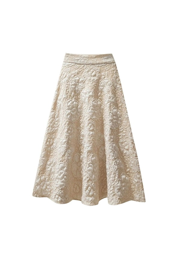 Beige Party Dresses Womens Flower Jacquard High Waist Skirt Midi Swing Skirt Wedding Guest Dresses for Women