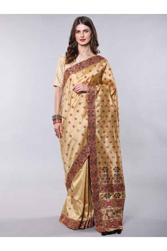 Beige Patch Border Assam Muga Saree with Multi Thread woven Bootis and Tassels Pallu – Sahara Sun