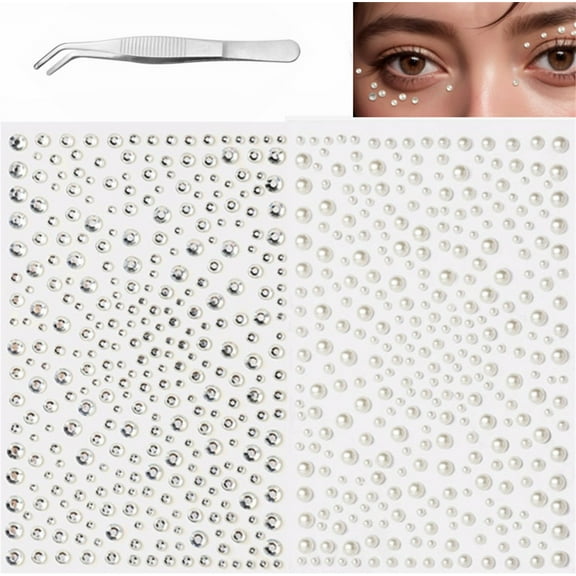 Beige Pearl & White Rhinestones 2 PACK,Face Gems Rhinestone Sticker,Self Adhesive Body Jewels Sticker,Gorgeous DIY Face Gems,3/4/5/6 MM Stick on Rhinestones for Craft,Nail,Clothes,Shoes