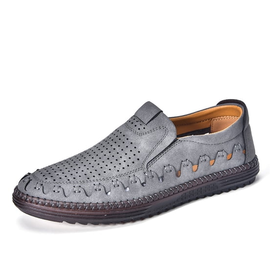 Beige Perforated Slip-On Hand-Stitched Breathable Casual Leather Shoes for Men