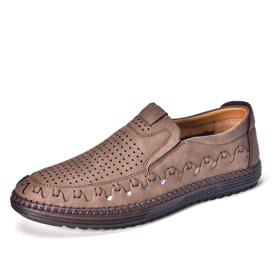 Beige Perforated Slip-On Hand-Stitched Breathable Casual Leather Shoes for Men