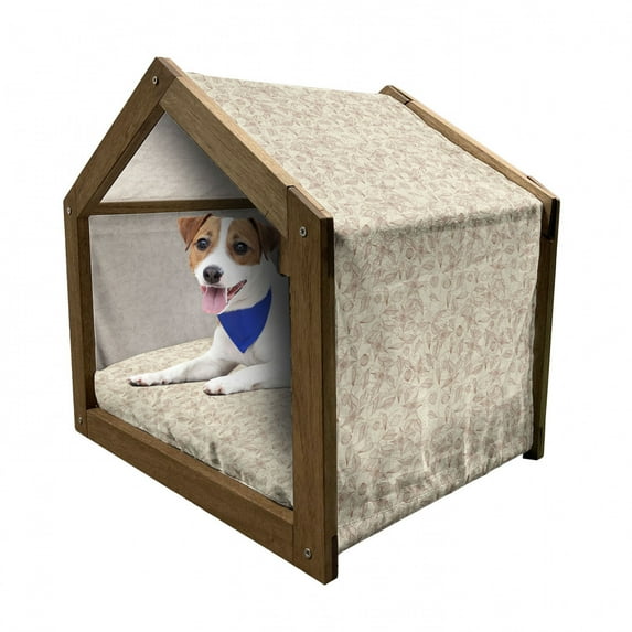 Beige Pet House, Vintage Flower Pattern Abstract Lines Foliage Arrangement Leaves Retro Art Nouveau, Outdoor & Indoor Portable Dog Kennel with Pillow and Cover, 5 Sizes, Beige Redwood, by Ambesonne