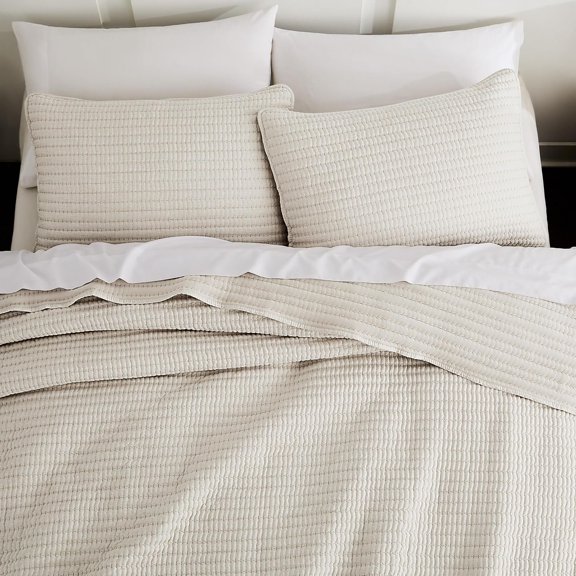 Beige Pick Size Quilt Set, Striped Lightweight Soft Summer Spring Bedspread, Linen Like Textured Coverlet, Chambray Country Rustic Bedding, Netural Thin Comforter