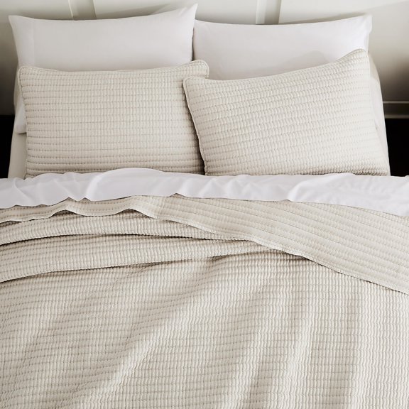 Beige Pick Size Quilt Set Striped Lightweight Soft Summer Spring Bedspread Linen Like Textured Coverlet Chambray Farmhouse Country Rustic Bedding Netural Thinforter