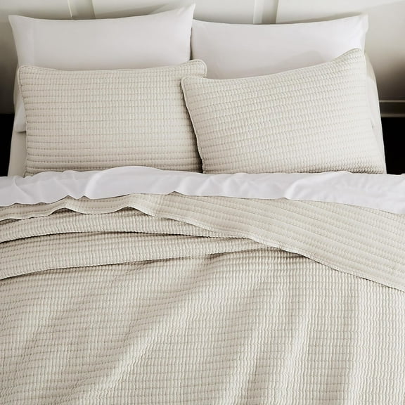 Beige Pick Stitch Queen Size Quilt Set, Striped Lightweight Soft Summer Spring Bedspread, Bamboo Linen Like Textured Coverlet, Chambray Farmhouse Country Rustic Bedding, Netural Thin Comforter
