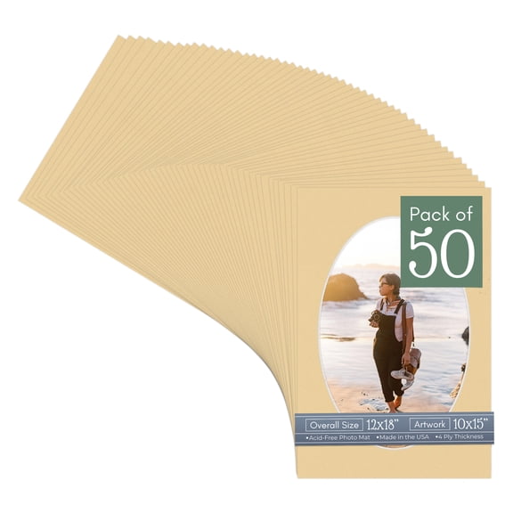 Beige Picture Frame Mat for 12x18 Frames - Oval Opening for 10x15 Photos - 50 Mats