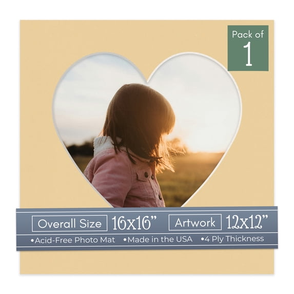 Beige Picture Frame Mat for 16x16 Frames - Heart Opening for 12x12 Photos - 1 Mat