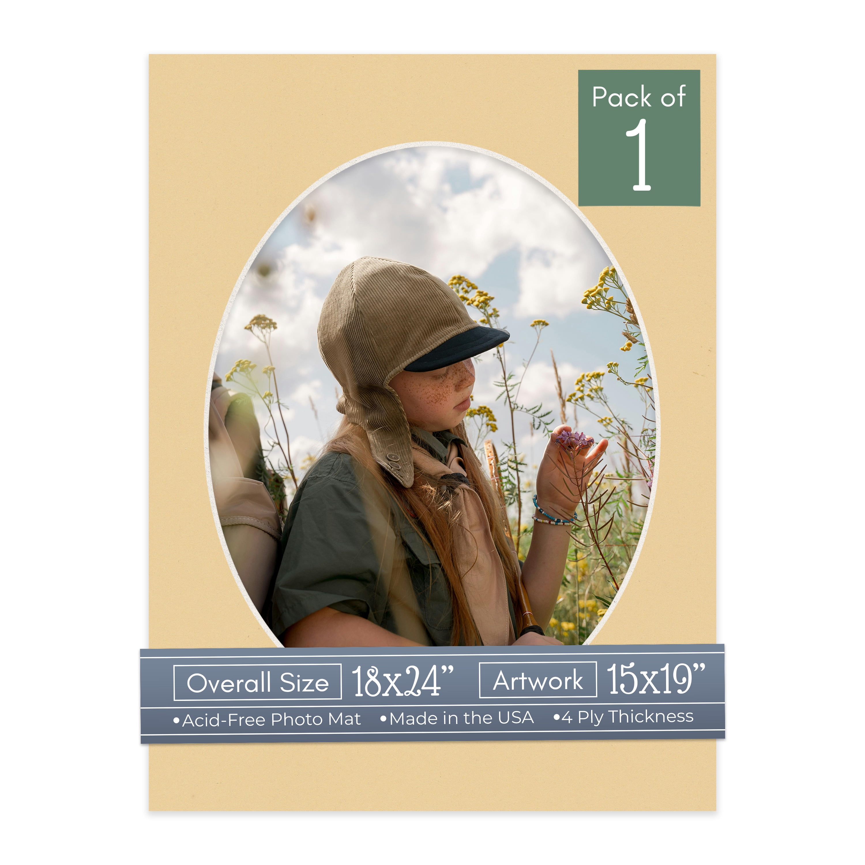 Beige Picture Frame Mat for 18x24 Frames - Oval Opening for 15x19 Photos - 1 Mat
