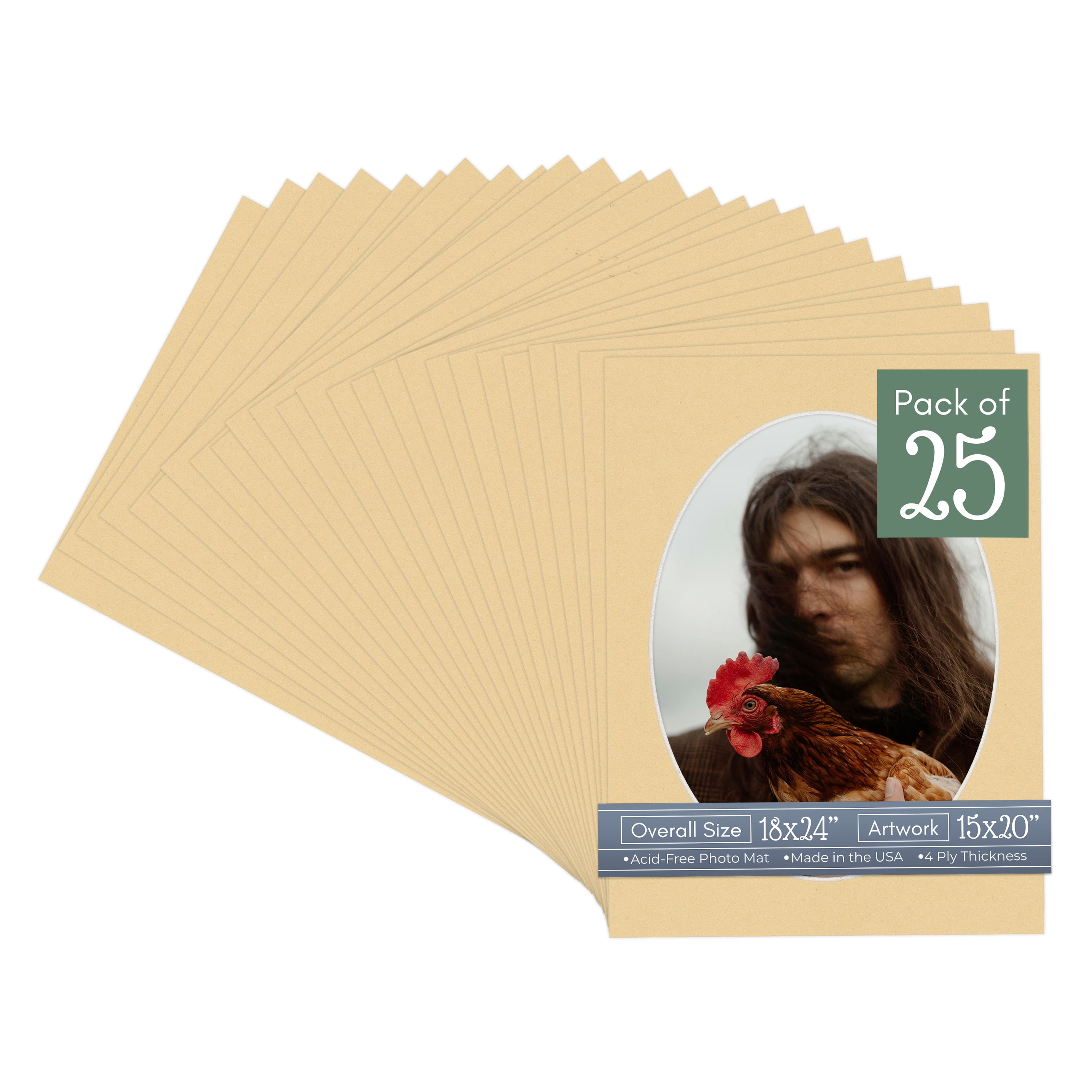 Beige Picture Frame Mat for 18x24 Frames - Oval Opening for 15x20 Photos - 25 Mats