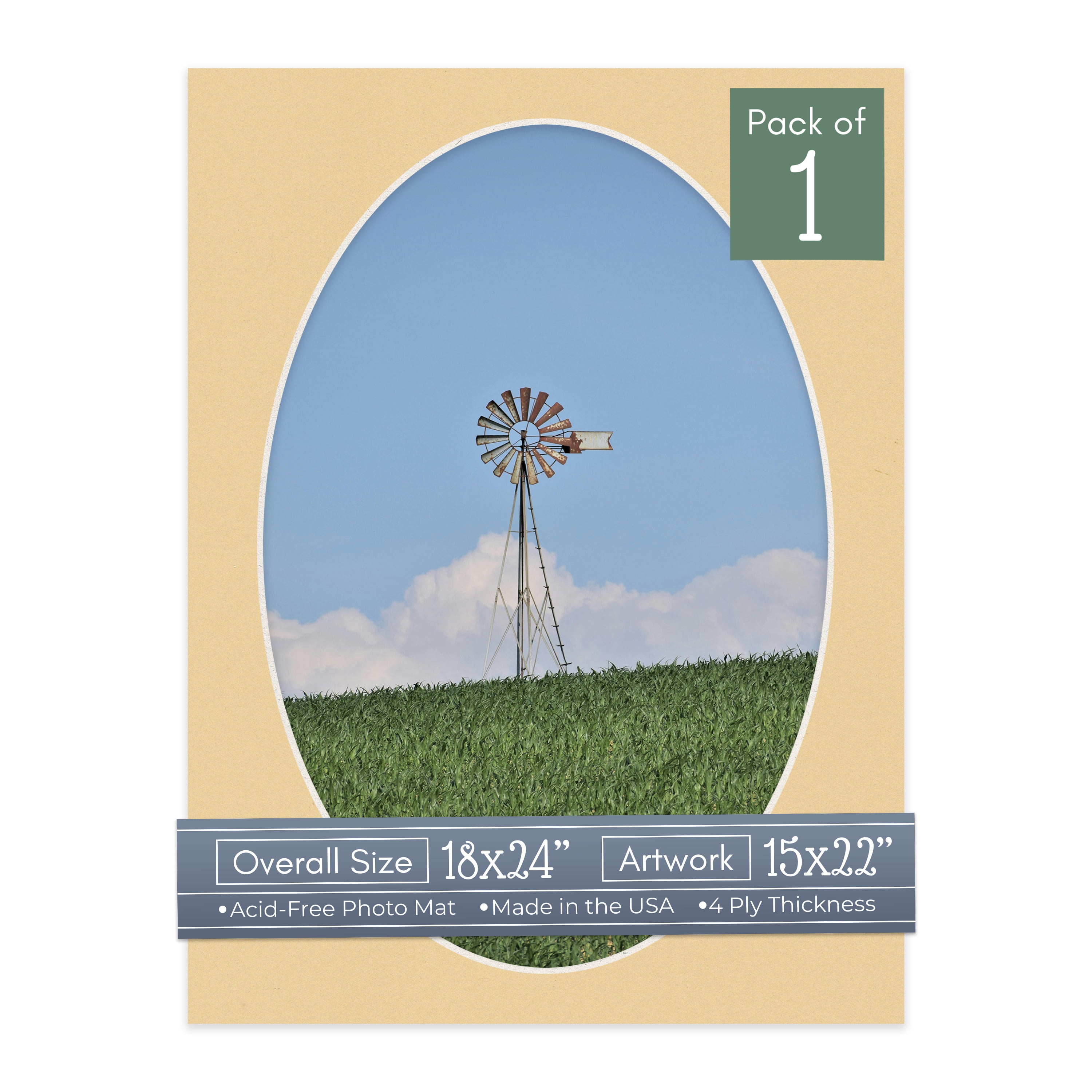 Beige Picture Frame Mat for 18x24 Frames - Oval Opening for 15x22 Photos - 1 Mat