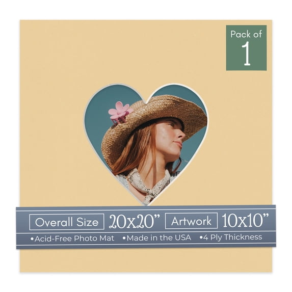 Beige Picture Frame Mat for 20x20 Frames - Heart Opening for 10x10 Photos - 1 Mat