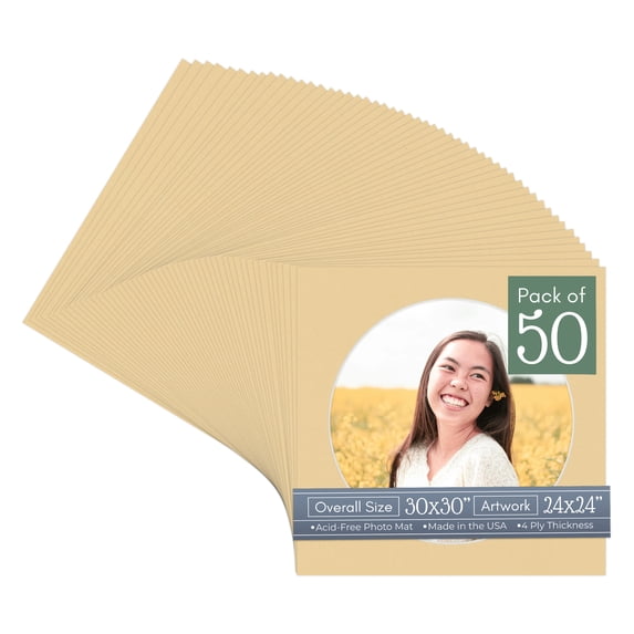 Beige Picture Frame Mat for 30x30 Frames - Circle Opening for 24x24 Photos - 50 Mats