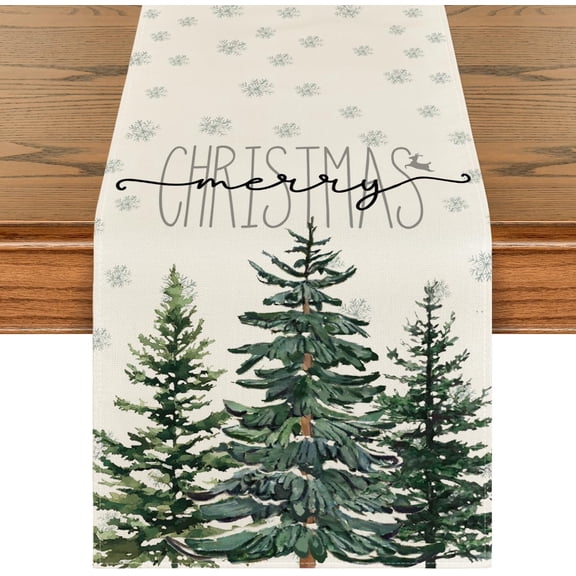 Beige Pine Tree Snowflake Merry Christmas Table Runner, Seasonal Winter Xmas Holiday Kitchen Dining Table Decoration for Home Party Decor 13 x 90 Inch