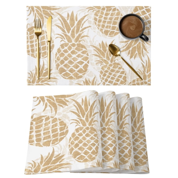 Beige Pineapple Placemats Set of 4 Summer Botanical Tropical Fruits Place Mats Indoor Wipeable Table Mats Washable Cloth Dining Table Placemats for Kitchen Holiday Party Home Decor 13x19 Inch