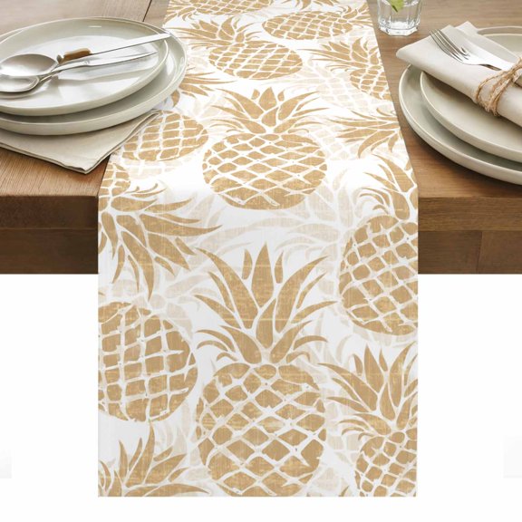 Beige Pineapple Table Runner Summer Botanical Tropical Fruits Tablerunners 13 x 108 Inch, Table Decorations Tabletop Scarf for Summer Gathering Holiday Farmhouse Kitchen Dining Decor