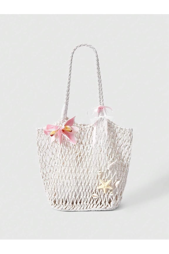 Beige Pink Cymbidium Macrame Woven Beach Tote Bag With Floral & Shell