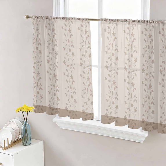 Beige Pink Floral Sheer Curtains 54 Inch Length 2 Panels for Living Room, Spring Flowers Voile Kitchen Curtain Set, Luxury Privacy Drapes Window Treatment for Bedroom