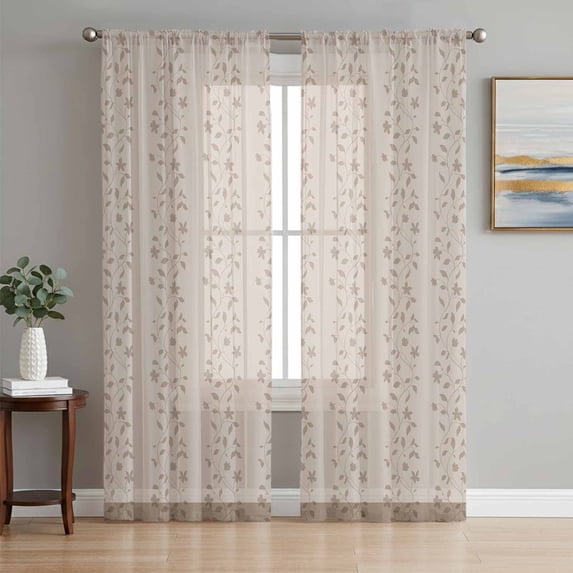 Beige Pink Floral Sheer Curtains 63 Inch Length 2 Panels Set, Spring Flowers Voile Window Treatment Rod Pocket Curtains Sheers Drapes for Bedroom/Living Room/Kitchen 52x"63"x2