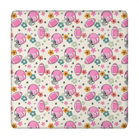 Beige Pink Football Helmets Pattern Square Fitted Tablecloth with Elastic Edge,Square Table Cover,Washable Elastic Table Cover for Home Kitchen Party Decor 34"x34"
