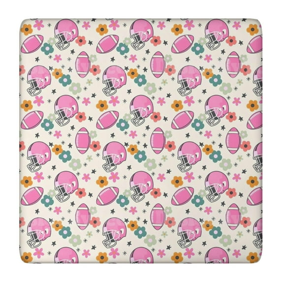 Beige Pink Football Helmets Pattern Square Fitted Tablecloth with Elastic Edge,Square Table Cover,Washable Elastic Table Cover for Home Kitchen Party Decor 36"x36"