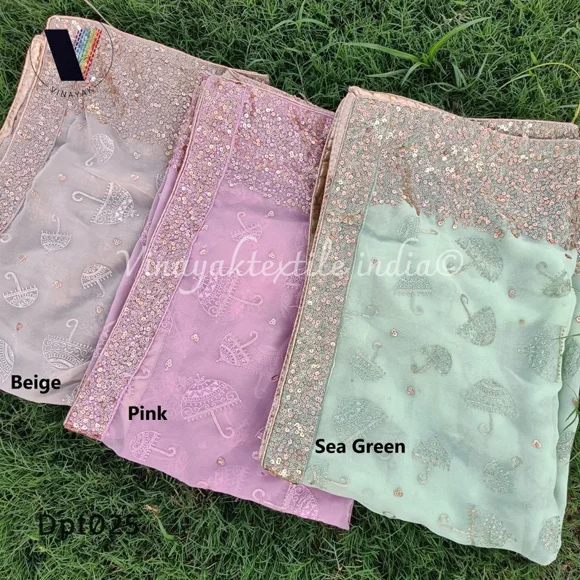Beige Pink Sea Green gold Umbrella Design sequins embroider Indian dupatta stoles women's