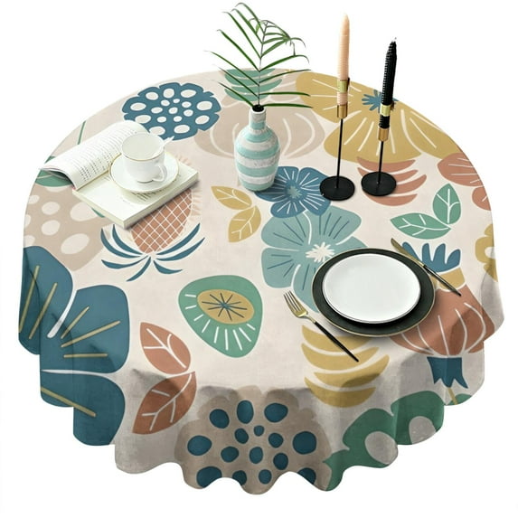 Beige Pioneer Flower and Leaf Pattern Round Tablecloth 60"x60",Wrinkle Wipeable Table Cloth for Kitchen Dining Room Picnic Patio Party