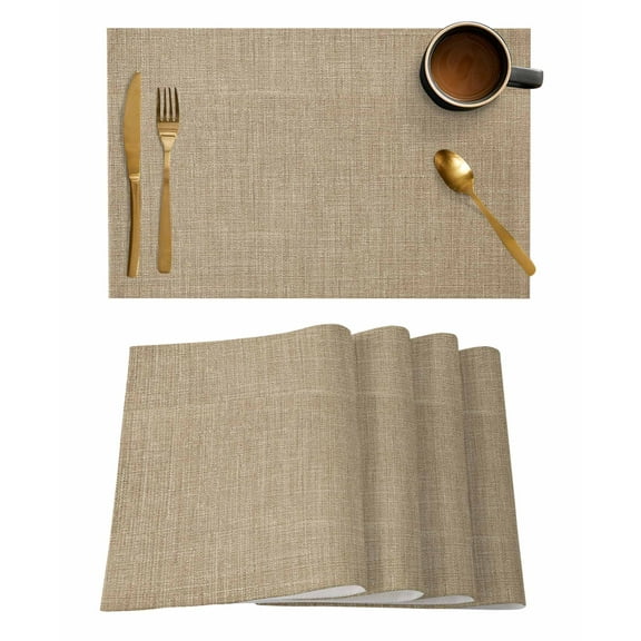 Beige Placemats Set of 4, Farmhouse Burlap Solid Brown Color Modern Linen Texture Placemats for Dining Table, Place Mats for Kitchen Tabletop, Waterproof Wipeable Dining Table Mats Set