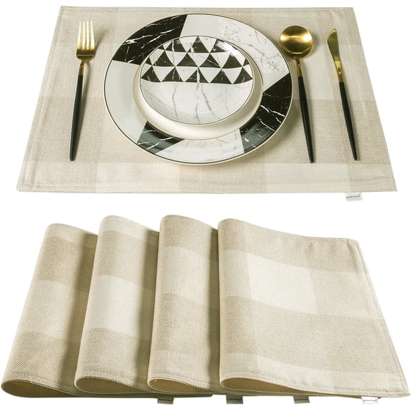 Beige Placemats Set of 4, Linen Buffalo Plaid Double Layer Spring Placemats Check Kitchen Table Mats,Waterproof Heat Resistant Durable Cloth Washable Placemats 12 x 18 Inches