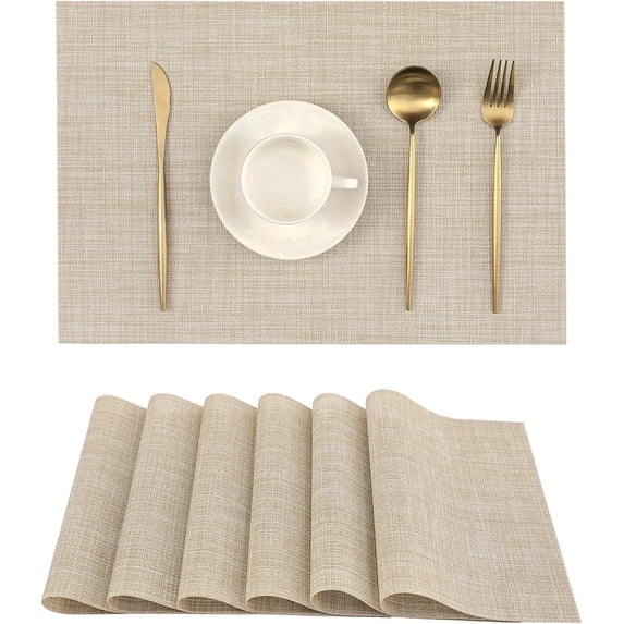 ShiftWeave Beige Placemats Set of 6: Heat Resistant Washable PVC Vinyl Table Mats, Non-Slip Durable Woven Kitchen Place Mats for Dining Table - Easy to Clean