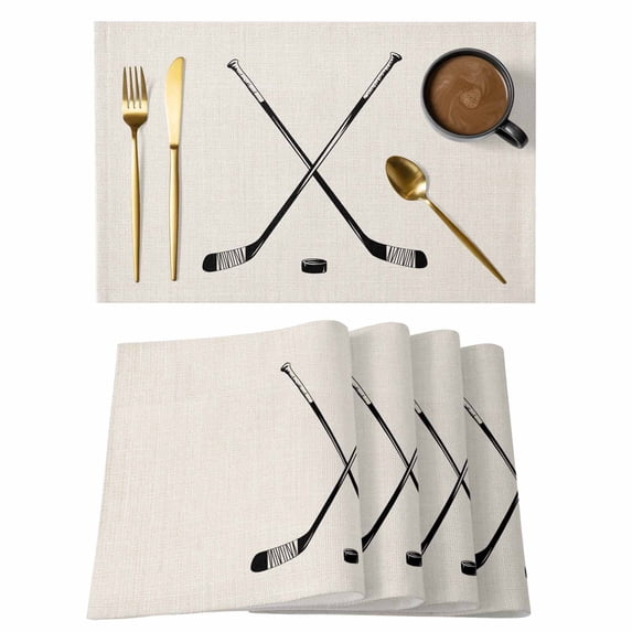 Beige Placemats Set of 8, Simple Gradient Ice Hockey Funny Sport Game Art Placemats for Dining Table, Place Mats for Kitchen Tabletop, Waterproof Wipeable Dining Table Mats Set
