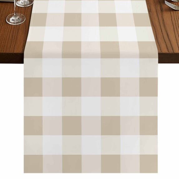 Beige Plaid 108 Inch Table Runner, Spring Summer Farmhouse Buffalo Checkered Farmhouse Dresser Scarf Cotton & Linen Tablerunner for Dining/Kitchen Island/Holiday Party Décor 13" x 108"