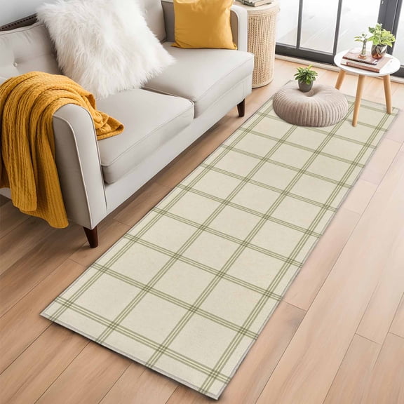 Beige Plaid 2'x6' Runner Rugs for Hallway Kitchen Bedside Non Slip Washable, Vintage Grid Stripe Minimalist Art Linen Entryway Rug Runners with Rubber Backing, Long Carpet Runner for Laundry Room