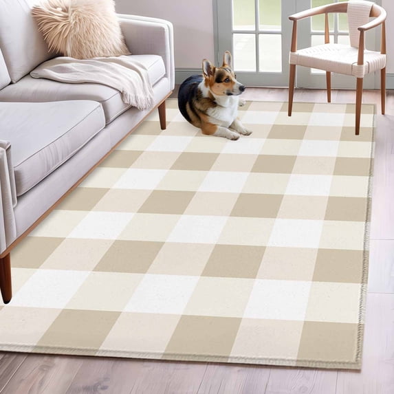 Beige Plaid Area Rug 4x6 FT, Non Slip Kids Room Carpet, Spring Summer Farmhouse Buffalo Checkered Washable Soft Floor Carpet Non-Shedding Throw Rug for Dorm Kitchen Study Room Home Office Bedside