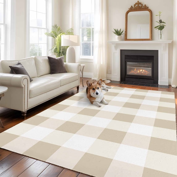 Beige Plaid Area Rug 5x8 FT, Non Slip Bedroom Throw Carpet, Spring Summer Farmhouse Buffalo Checkered Washable Soft Floor Carpet Non-Shedding Rug for Living Room Nursery Dorm Office