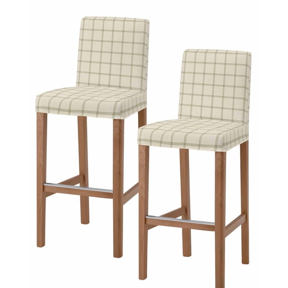 Beige Plaid Bar Stool Covers Set of 2, Vintage Grid Stripe Minimalist Art Linen Stretch Washable Bar Chair Covers with Backs, Removable Pub Counter Height Chair Cover for Kitchen Dining Room Cafe