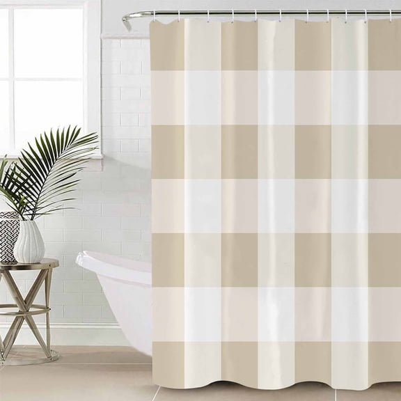 Beige Plaid Bathroom Curtain 84 Inch Shower Curtain with Hooks, Spring Summer Farmhouse Buffalo Checkered Waterproof Polyester Bath Curtain Washable Bathtub Curtain 72''x 84''