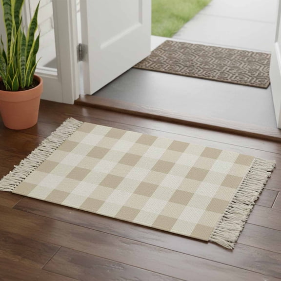 Beige Plaid Bathroom Rug 2'x3', Spring Summer Farmhouse Buffalo Checkered Low Profile Front Entryway Rug with Tassels, Woven Cotton Washable Kitchen Mat Carpet for Foyer Bedroom Back Door Decor