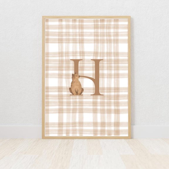 Beige Plaid Bear Initial Nursery Poster, Unframed Canvas 24x36in