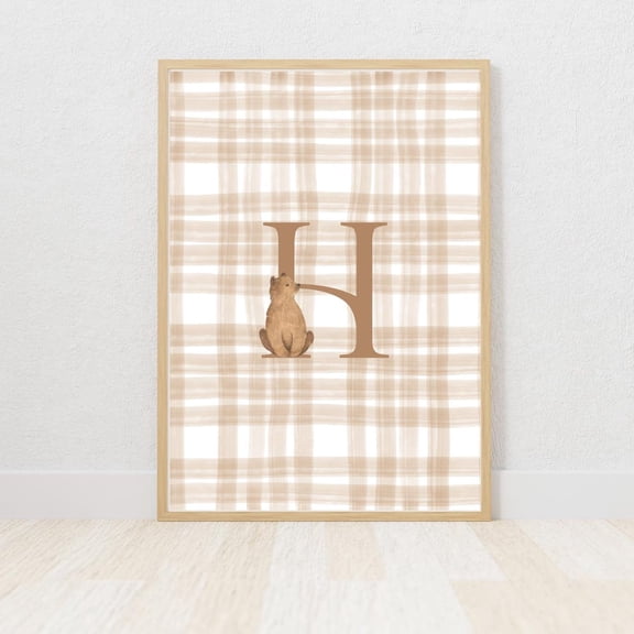 Beige Plaid Bear Initial Nursery Unframed Paper Print