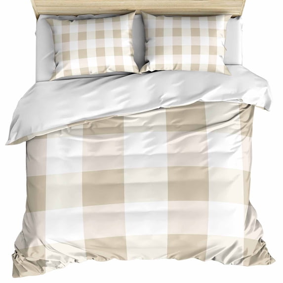Beige Plaid Bedding 3 Piece Duvet Cover Set Full Size, Spring Summer Farmhouse Buffalo Checkered Soft Microfiber Comforter Cover with Zipper Closure & Pillowcases, Wrinkle & FadeResistant Quilt Cover