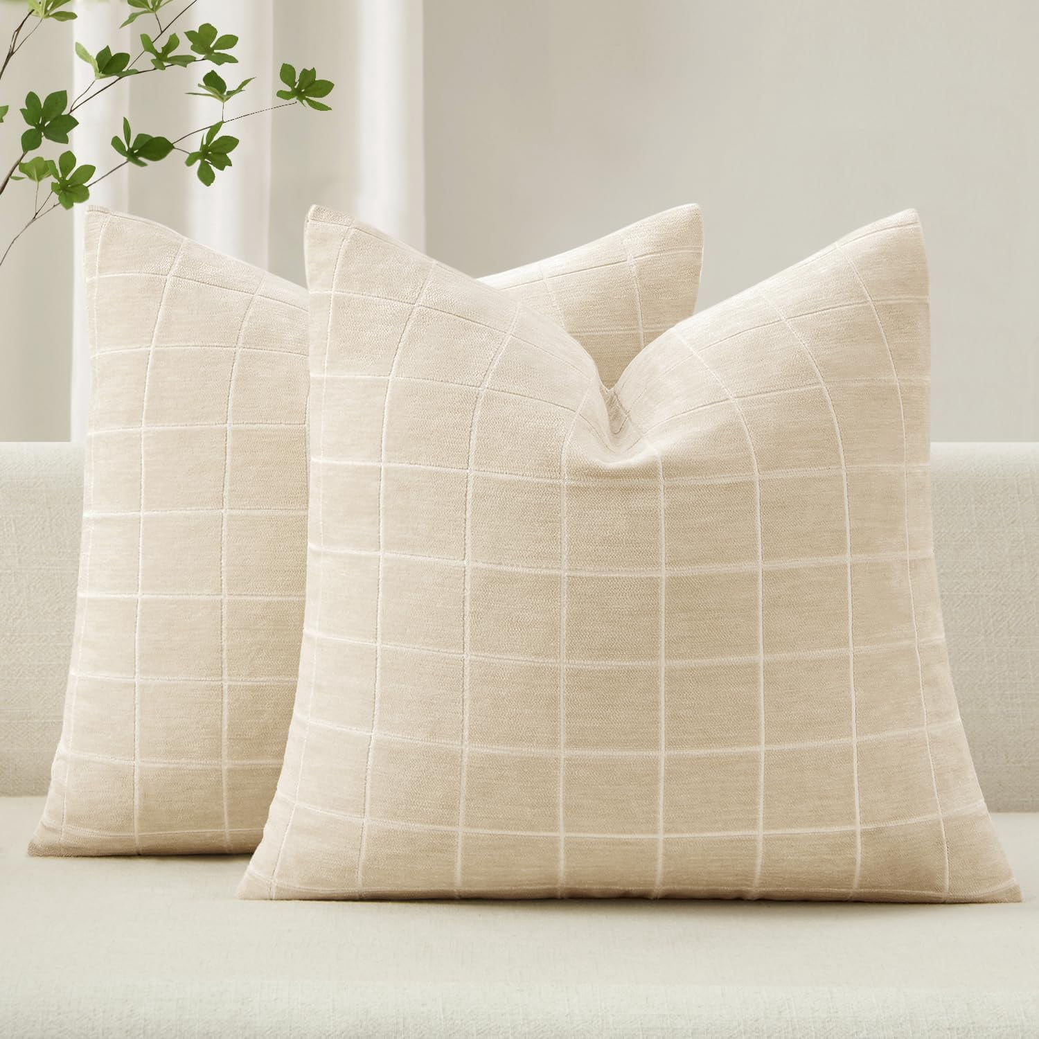 Beige Plaid Decorative Throw Pillow Covers 16x16 Set of 2 - Walmart.com