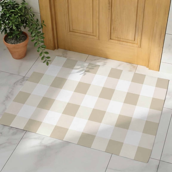 Beige Plaid Door Mat, Non Slip Bathroom Rugs, Spring Summer Farmhouse Buffalo Checkered Absorbent Floor Mats, Washable Runner Rug Indoor Doormat for Front Door Entrance, Patio, Garage 18"x30"